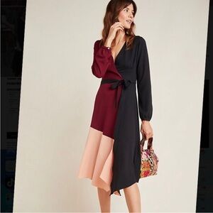 Anthropologie (L) Hutch Colorblock Wrap-style Dress with Asymmetrical Hem